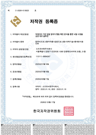 빅데이터 기반 입찰 참여자 행동 패턴 분석을 통한 낙찰 사정율 상관 대조 솔루션 등록증